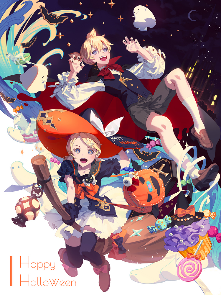 1boy 1girl bag bat black_nails blonde_hair bow broom broom_riding candle candy cape cat claw_pose commentary crescent_moon cupcake eyeball fajyobore323 fang food frilled_sleeves frills full_body ghost halloween happy_halloween hat hat_bow holding holding_broom holding_hat jack-o'-lantern kagamine_len kagamine_rin lantern light_blush lollipop long_sleeves looking_at_viewer making-of_available mansion mary_janes moon nail_polish night night_sky open_mouth red_neckwear shirt shoes short_hair short_ponytail short_sleeves shorts shoulder_bag siblings skirt sky socks spiked_hair star star_(sky) star_in_eye starry_sky symbol_in_eye thighhighs twins vampire_costume vest vocaloid white_shirt white_skirt witch_costume witch_hat