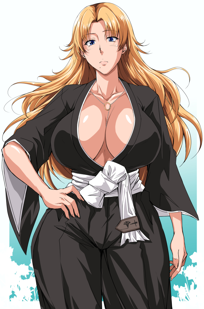 1girl black_clothes bleach blue_eyes breasts cleavage japanese_clothes jewelry kimura_naoki large_breasts long_hair matsumoto_rangiku no_bra orange_hair shiny shiny_skin standing