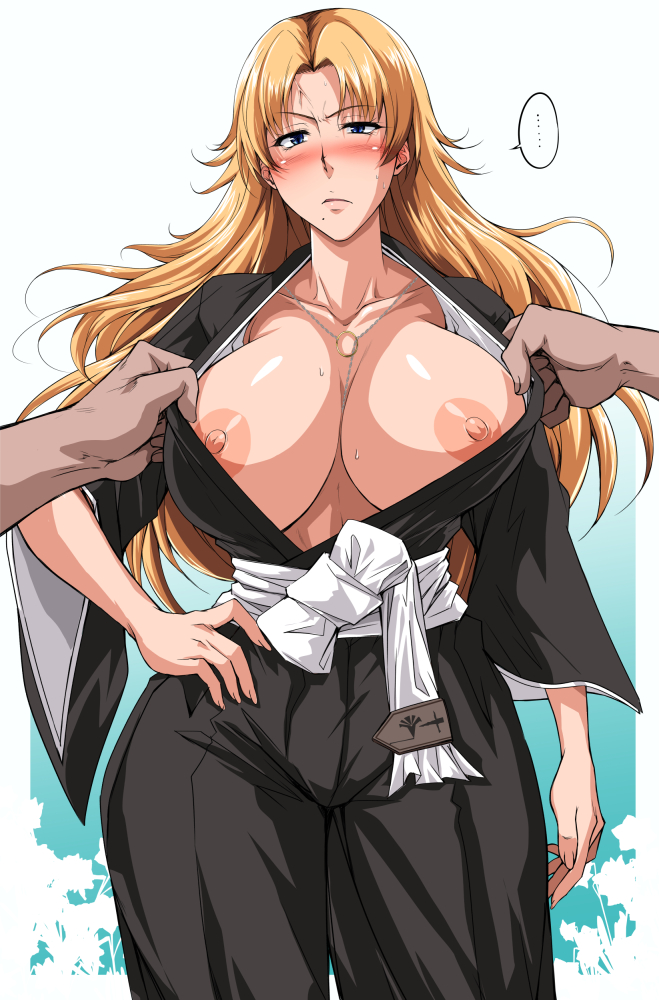 ... 1girl black_clothes bleach blue_eyes blush breasts cleavage commentary commentary_request grabbing japanese_clothes kimura_naoki large_breasts long_hair matsumoto_rangiku no_bra orange_hair shiny shiny_skin sweat