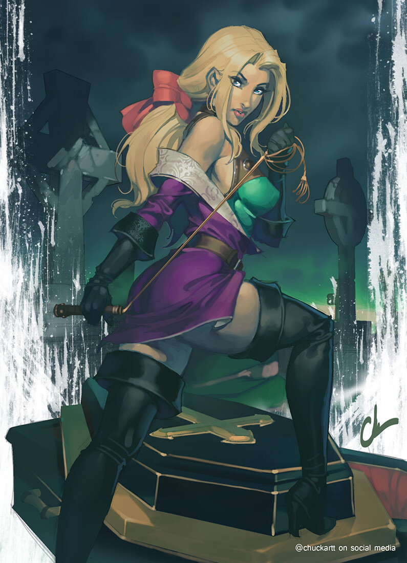1girl artist_name ass black_footwear black_gloves blonde_hair boots bow breasts castlevania castlevania_legends chuck_pires coffin covered_nipples eyebrows_visible_through_hair eyes_visible_through_hair gloves hair_bow high_heel_boots high_heels looking_at_viewer looking_back off_shoulder parted_lips solo sonia_belmondo thigh_boots thighhighs tombstone whip zettai_ryouiki
