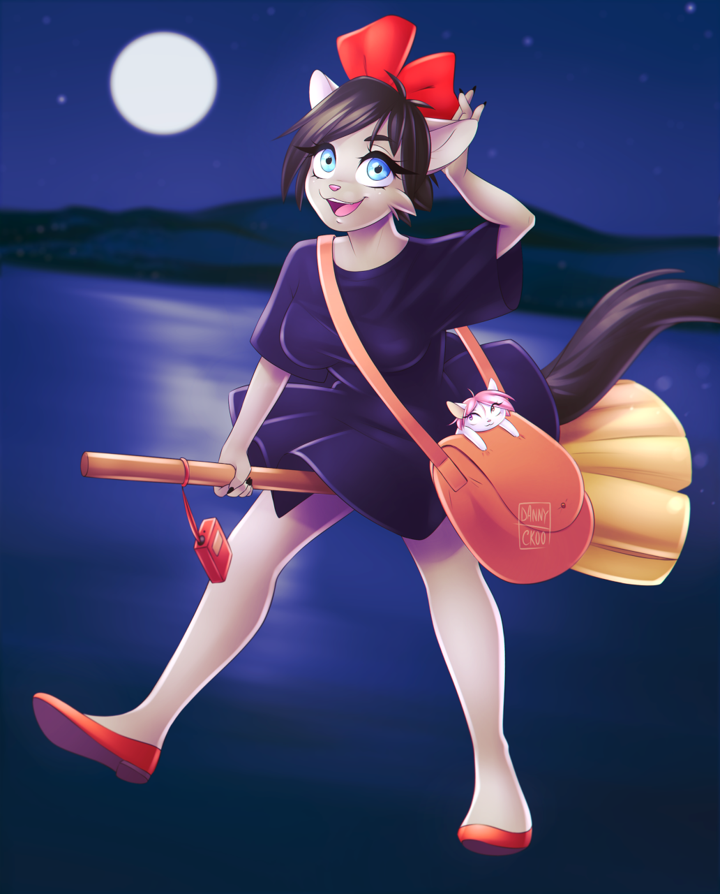 2018 anthro black_hair blue_eyes breasts broom broom_riding candy_(dannyckoo) chikachi clothing cosplay dannyckoo domestic_cat duo felid feline felis female flying footwear ghibli grey_body hair handbag hi_res kiki's_delivery_service kiki_(kds) mammal moon night outside pink_hair ribbons shoes size_difference smile solo_focus star water white_body