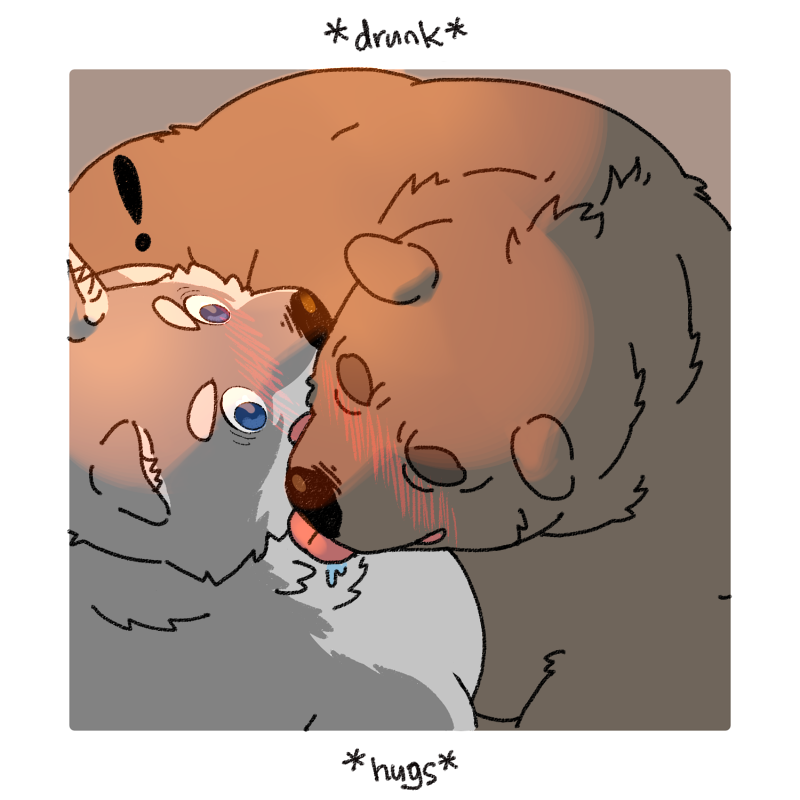 2015 anthro belly blue_eyes blush brown_bear brown_body brown_fur canid canine canis domestic_dog duo fur licking male mammal mixvariety overweight text tongue tongue_out ursid ursine