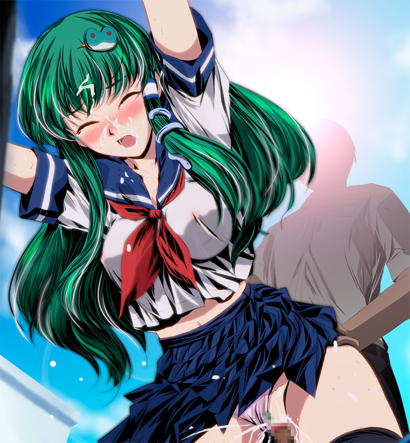 alternate_costume blush breasts censored clothed_sex colored_pubic_hair covered_nipples cum cum_in_pussy facial frog from_below green_hair hair_ornament kochiya_sanae large_breasts long_hair midriff mosaic_censoring navel no_bra open_fly panties panties_aside penis pleated_skirt pubic_hair pussy school_uniform see-through serafuku sex skirt solo_focus thighhighs touhou underwear vaginal white_panties yamaguchi_yuu