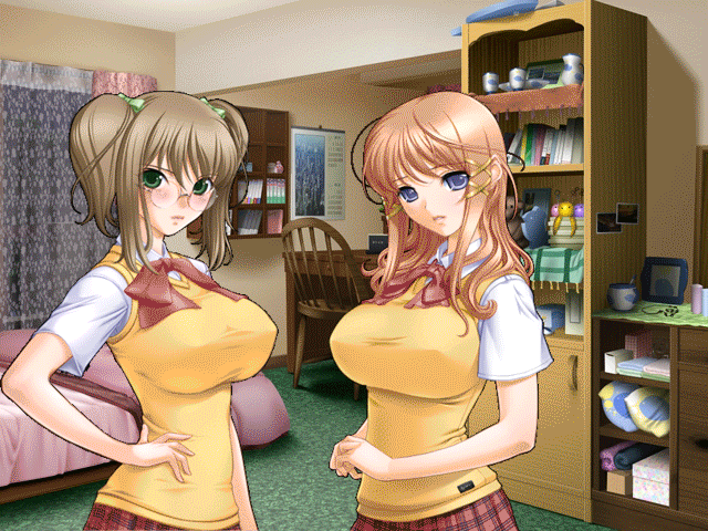 absorb animated blush breast_expansion breasts cross_over fusion gif huge_breasts onedari_milky_pie sano_toshihide size_difference transformation