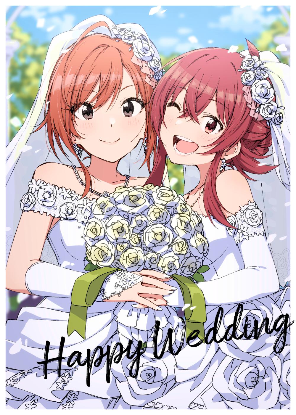 2girls arisugawa_natsuha bare_shoulders bouquet bridal_gauntlets bridal_veil brown_eyes brown_hair collarbone commentary detached_sleeves earrings eyebrows_visible_through_hair flower hair_between_eyes hands_together highres idolmaster idolmaster_shiny_colors jewelry komiya_kaho multiple_girls nagami_tami necklace one_eye_closed open_mouth red_hair rose smile veil white_flower white_rose wife_and_wife yuri