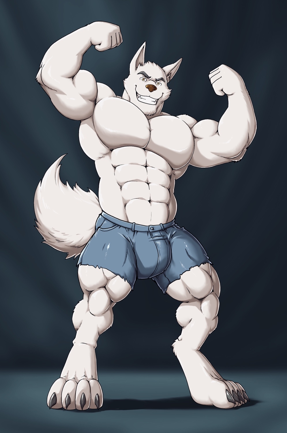 2019 4_toes anthro anubian_jackal bottomwear brown_nose bulge canid canine canis clothing digitigrade eyebrows flexing fluffy fluffy_tail fur gojho grin hi_res jackal jeans male mammal muscular muscular_male pants shorts simple_background smile solo toes wawik white_body white_fur