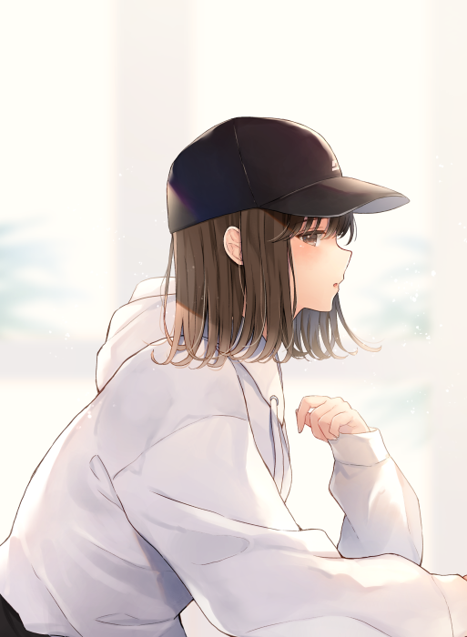 1girl baseball_cap black_headwear blurry blurry_background brown_eyes brown_hair commentary_request depth_of_field drawstring hat hood hood_down hoodie long_hair long_sleeves looking_at_viewer looking_to_the_side noda_shuha original parted_lips profile puffy_long_sleeves puffy_sleeves sleeves_past_wrists solo upper_body white_hoodie window