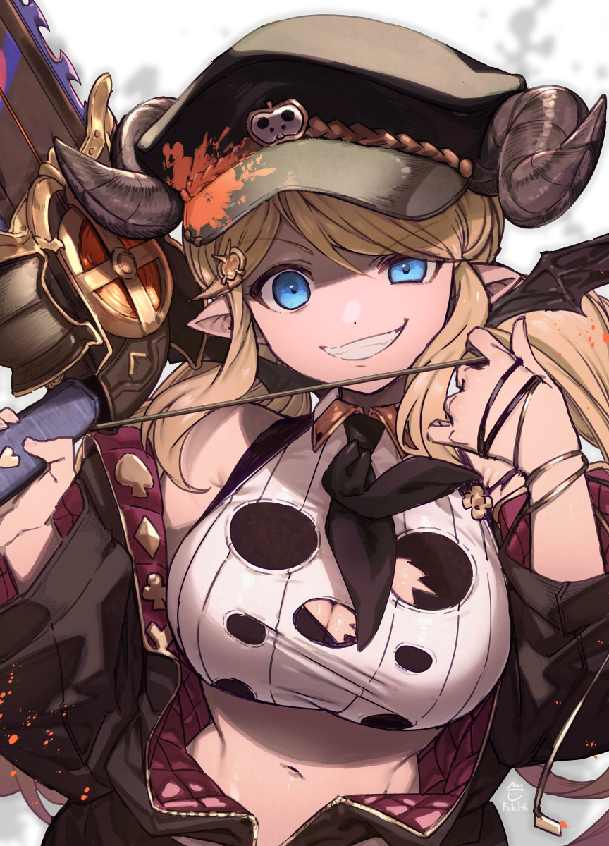 1girl bangs black_headwear black_neckwear blonde_hair blue_eyes breasts chainsaw cleavage cleavage_cutout draph eyebrows_visible_through_hair feb_itk granblue_fantasy grey_background grin hair_ornament hairlocs hallessena hat heart heart_hair_ornament highres horns jacket large_breasts long_hair long_sleeves looking_at_viewer low_twintails military_hat navel necktie open_clothes open_jacket peaked_cap pointy_ears saw simple_background smile teeth torn_clothes twintails upper_body