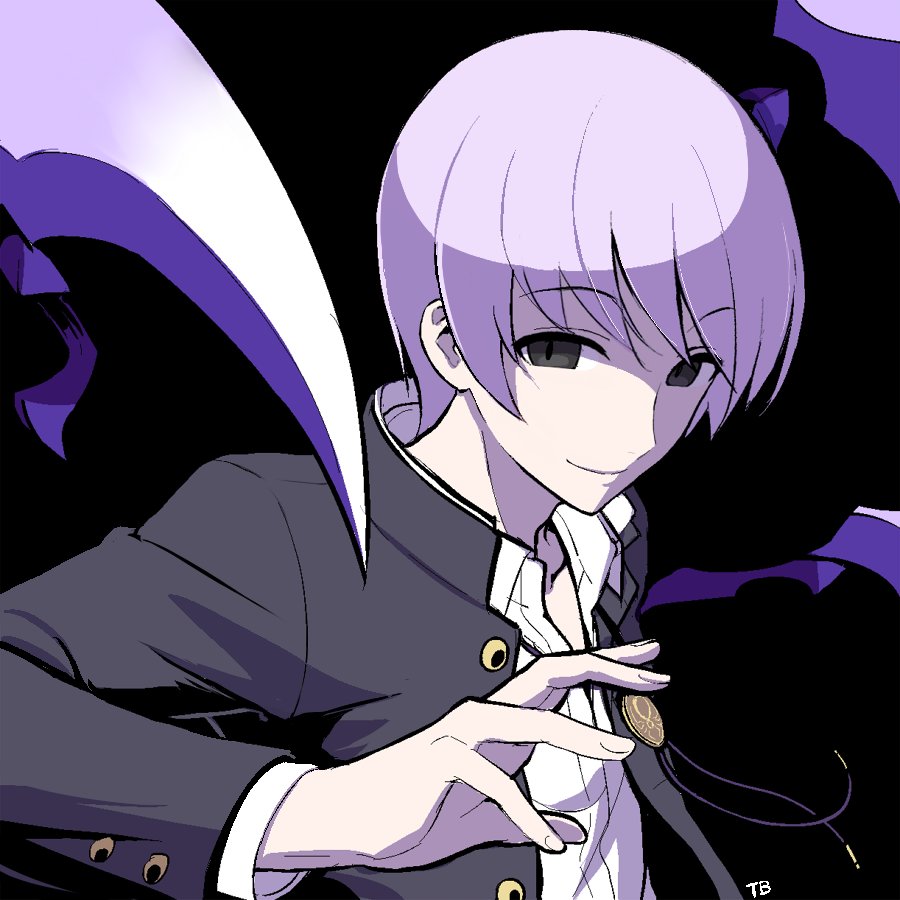 1boy black_eyes byakuya_(under_night_in-birth) claws floating_swords gakuran grey_hair knife male_focus school_uniform short_hair smile solo sword tb_(spr1110) under_night_in-birth weapon white_hair