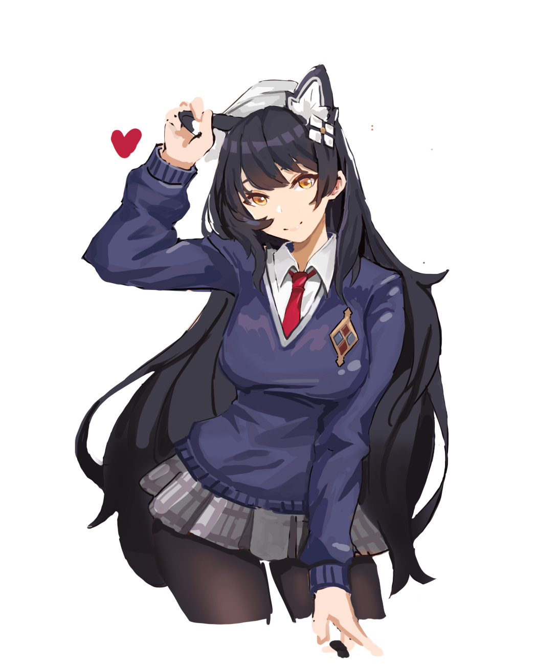 1girl animal_ears arm_up black_hair black_legwear blue_sweater breasts cat_ears character_request closed_mouth contrapposto cropped_legs ghost_(kjw5679) girls_frontline grey_skirt hand_on_ear highres large_breasts long_hair long_sleeves looking_at_viewer miniskirt necktie pantyhose plaid plaid_skirt pleated_skirt qbz-95_(girls_frontline) red_neckwear school_uniform simple_background skirt smile solo sweater very_long_hair white_background white_headwear yellow_eyes
