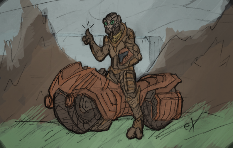 alien ambiguous_gender armor bike_(disambiguation) clothed clothing exophile gesture grass green_eyes headgear helmet looking_at_viewer mandibles mass_effect mass_effect_andromeda motorcycle mountain novina_dexilicus outside sketch sky smile solo standing thumbs_up turian vehicle video_games