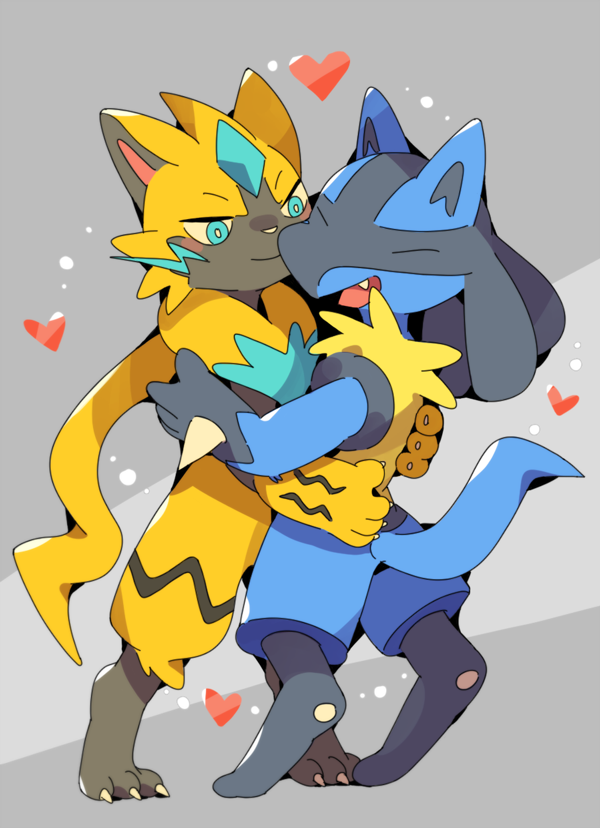 ambiguous_gender anthro blue_body blue_eyes blue_fur blush duo eyes_closed felid fur hug legendary_pok&eacute;mon lucario male mammal nintendo open_mouth pok&eacute;mon pok&eacute;mon_(species) rokuyon smile video_games yellow_body yellow_fur zeraora