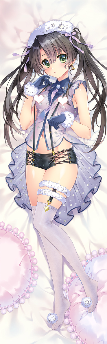 1girl alternate_costume bell_earrings black_gloves black_hair blush breasts carnelian censored cross-laced_clothes dakimakura earrings eyebrows_visible_through_hair full_body garters gloves green_eyes grey_legwear hair_between_eyes hair_ribbon hat heart heart_censor jewelry kantai_collection long_hair looking_at_viewer lying medium_breasts necktie parted_lips pillow purple_ribbon ribbon sample see-through short_shorts shorts sidelocks solo star star_print suspenders thighhighs twintails zuikaku_(kantai_collection)