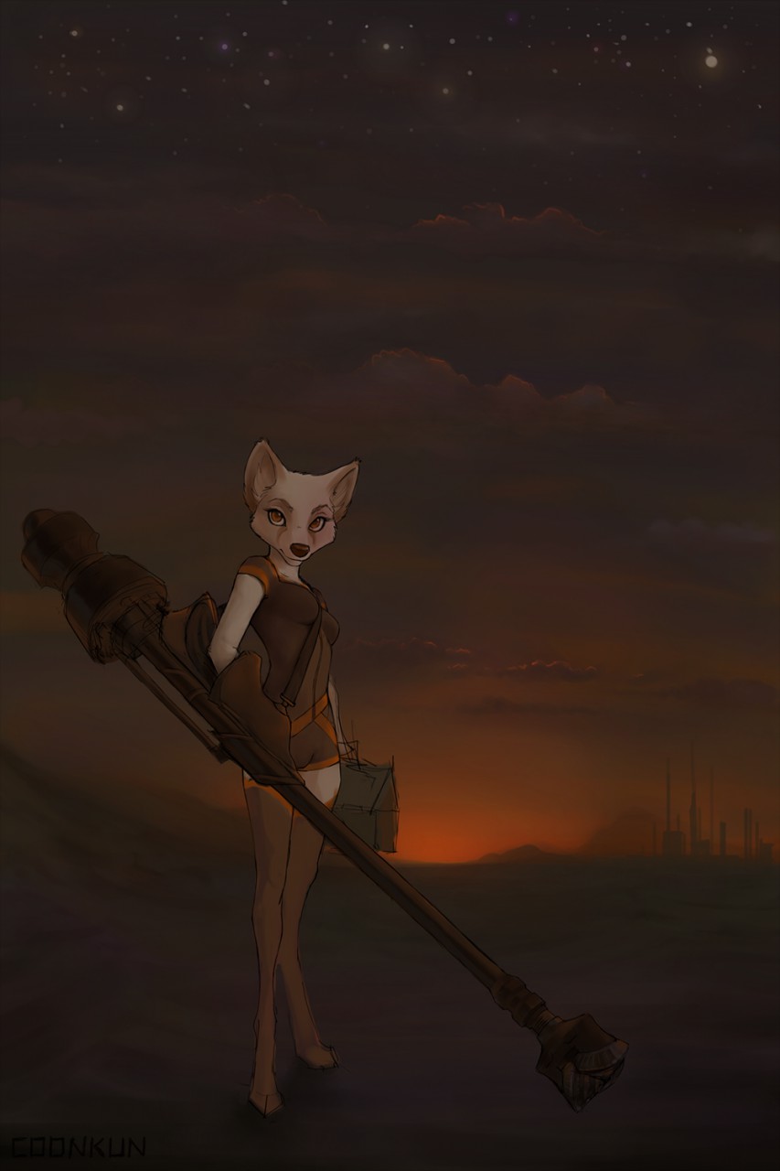 anthro black_nose breasts canid canine clothing cloud coonkun digitigrade female fox hi_res legwear looking_at_viewer mammal outside solo standing star sunset thigh_highs