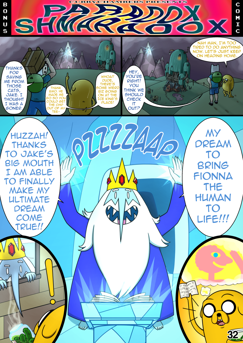 ! adventure_time blue_body blue_skin bottomwear canid canine canis cartoon_network clothing comic cubby_chambers detailed_background dialogue digital_media_(artwork) domestic_dog english_text finn_the_human footwear fur human ice_king jake_the_dog magic_user mammal shirt shoes shorts speech_bubble t-shirt text topwear yellow_body yellow_fur