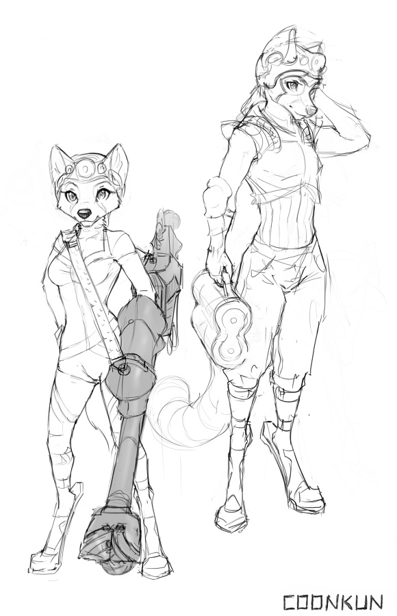 anthro armor canid canine coonkun digitigrade duo female fox furgonomics greyscale male mammal monochrome procyonid ring-tailed_cat sketch smile standing