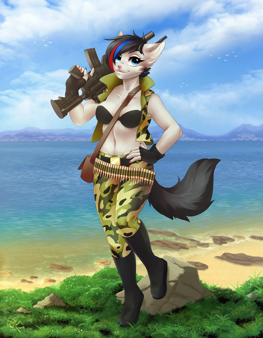 2018 ambient_bird ammunition anthro avian beach bird blue_eyes boots bottomwear breasts chikachi clothing cloud dannyckoo day detailed_background domestic_cat felid feline felis female footwear fur gloves grass grey_body grey_fur gun hand_on_hip handwear hi_res holding_object holding_weapon machine_gun mammal navel outside pants ranged_weapon sand seaside smile solo standing tresertf water weapon