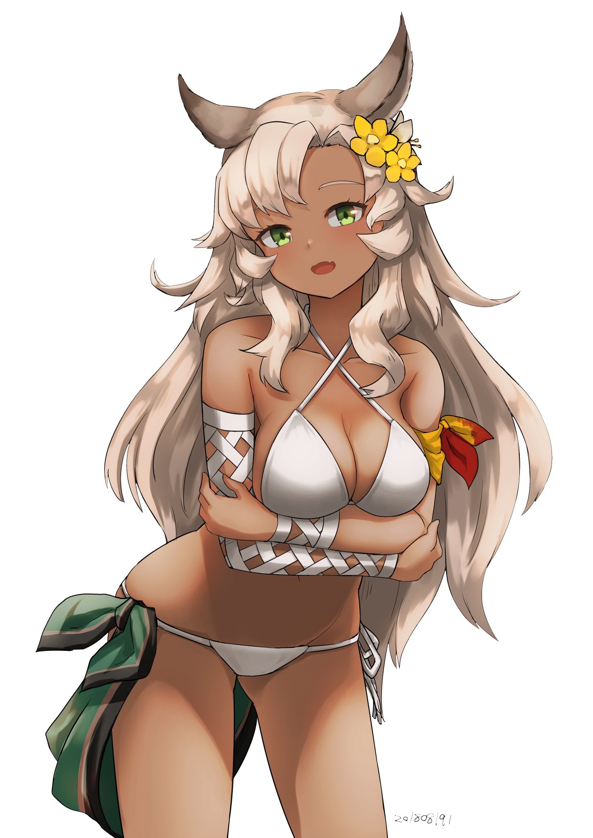 1girl animal_ears bikini breasts cowboy_shot dark_skin erune flower granblue_fantasy green_eyes hair_flower hair_ornament highres long_hair medium_breasts nemone nosuku swimsuit white_background