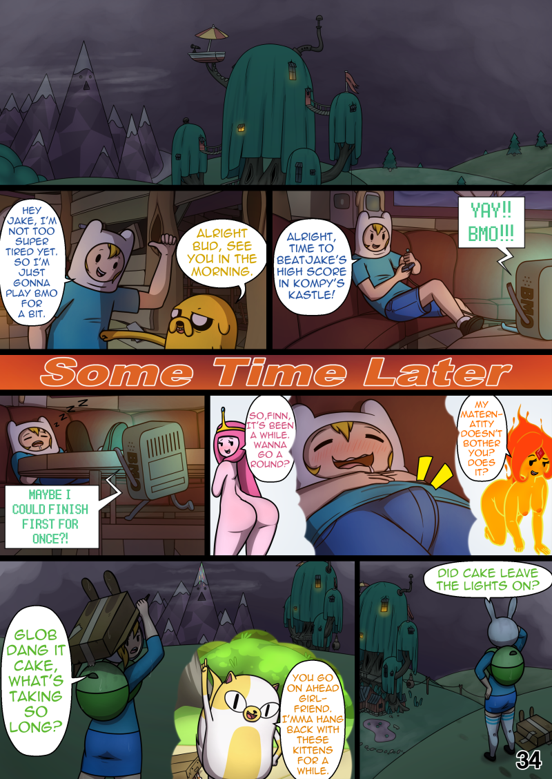 ! ? adventure_time anthro big_butt bottomwear butt cake_the_cat canid canine canis cartoon_network clothing comic cubby_chambers detailed_background dialogue digital_media_(artwork) domestic_cat domestic_dog duo elemental english_text erection erection_under_clothing felid feline felis female finn_the_human fionna_the_human fire_elemental flame_princess footwear fur hair hat headgear headwear human human_focus humanoid jake_the_dog legwear male mammal not_furry_focus nude orange_hair pale_skin pink_body pink_skin rear_view shirt shoes shorts skirt speech_bubble stockings t-shirt text topwear yellow_body yellow_fur