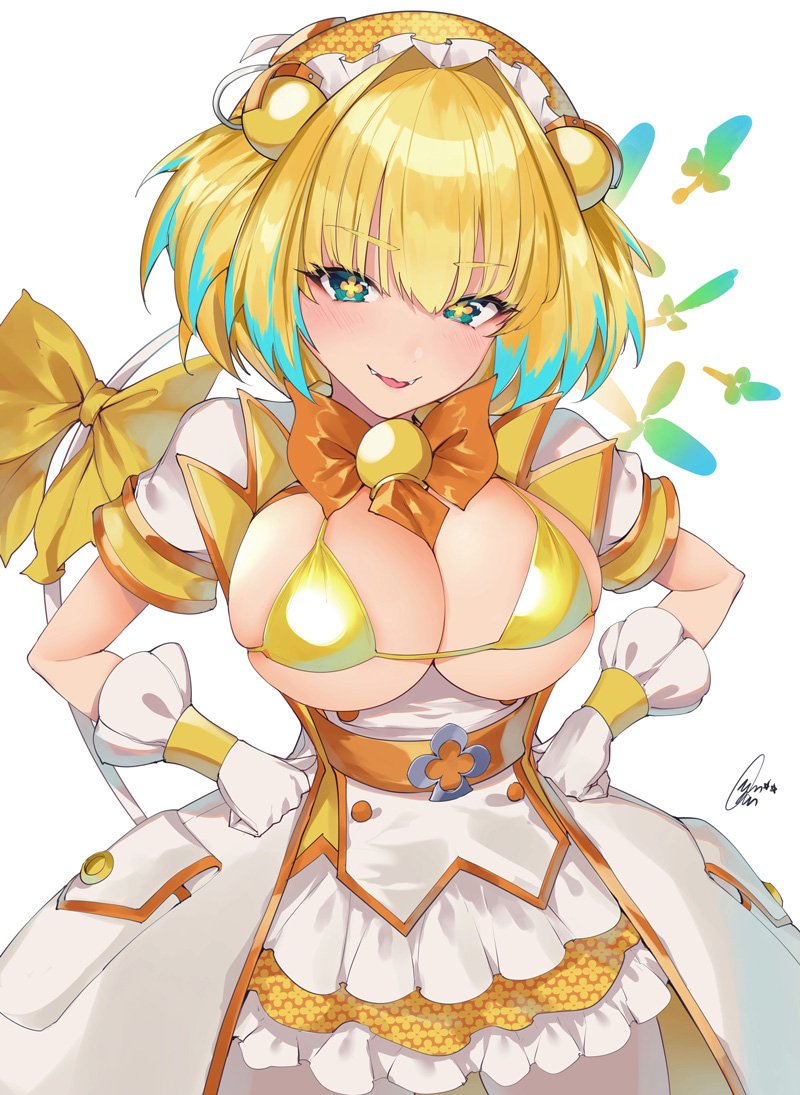 +_+ 1girl bangs belt blonde_hair blue_eyes blush bombergirl bow breasts breasts_outside cleavage dress fangs frills gloves grenade_hair_ornament hairband hands_on_hips large_breasts looking_at_viewer orange_bow pine_(bombergirl) short_hair simple_background smile solo white_background white_dress white_gloves yaman yellow_bikini_top yellow_pupils