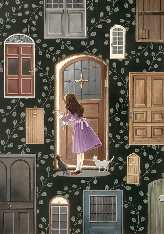 1girl acrylic_paint_(medium) back_bow black_cat bow brown_footwear brown_hair cat commentary door dress from_behind leaf leaf_background leaning_forward long_hair long_sleeves opening_door original purple_bow purple_dress shoes socks suijou_ai traditional_media white_cat white_legwear