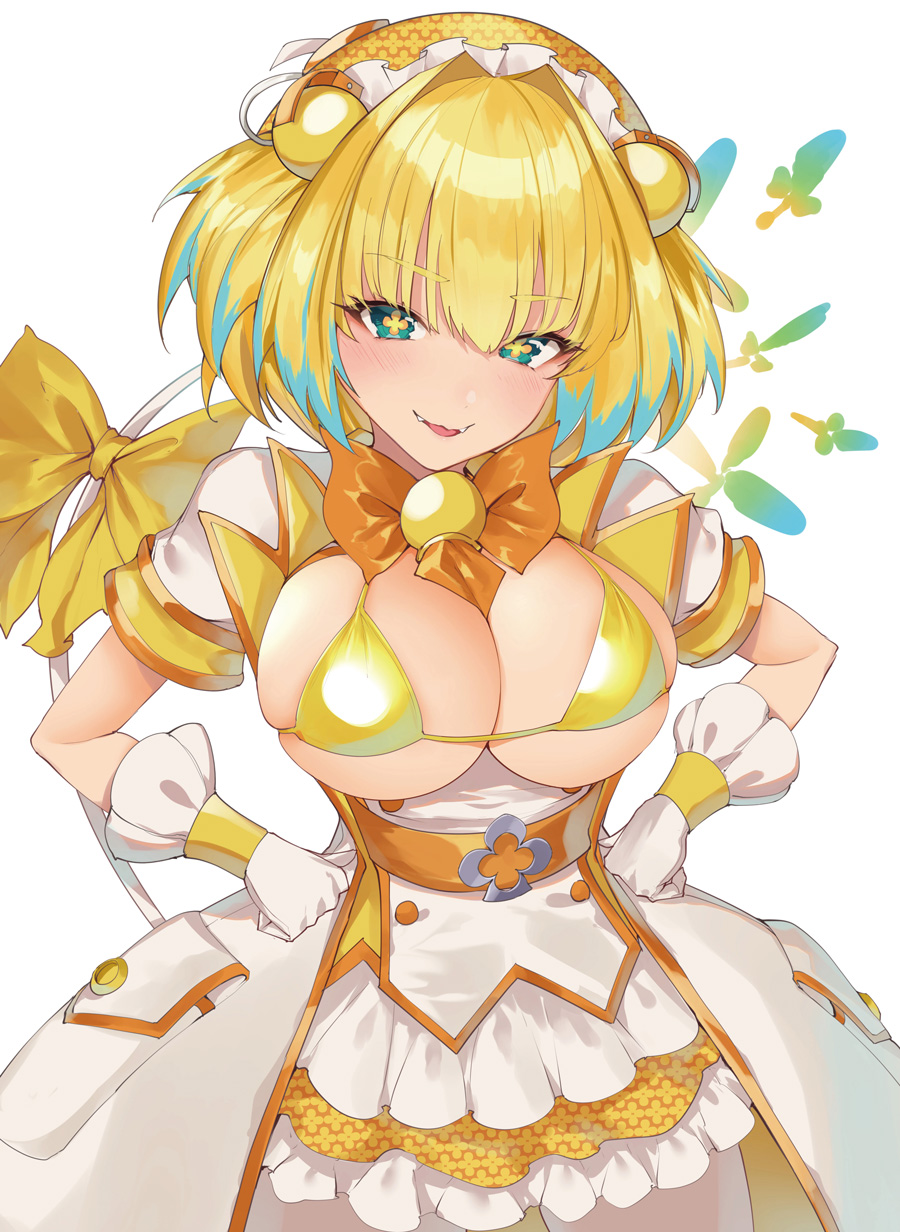 +_+ 1girl bangs belt blonde_hair blue_eyes blush bombergirl bow breasts breasts_outside cleavage dress fangs frills gloves grenade_hair_ornament hairband hands_on_hips highres large_breasts looking_at_viewer orange_bow pine_(bombergirl) short_hair simple_background smile solo white_background white_dress white_gloves yaman yellow_bikini_top yellow_pupils