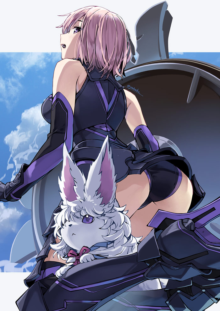 1girl armored_leotard ass bare_shoulders black_footwear black_gloves black_leotard boots breasts cloud cloudy_sky commentary_request creature day elbow_gloves fate/grand_order fate_(series) fou_(fate/grand_order) from_behind from_below gloves high_heel_boots high_heels leotard looking_at_viewer looking_back looking_down mash_kyrielight medium_breasts open_mouth outdoors outside_border pink_hair profile purple_eyes shield sky thigh_boots thighhighs twitter_username yahako