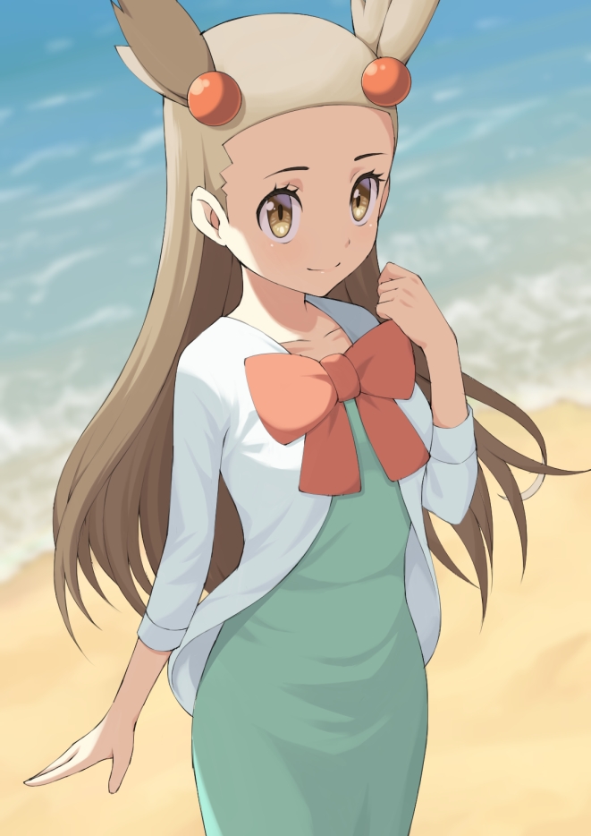 1girl atsuyah0310 beach bow bowtie brown_eyes dress gym_leader hair_ornament light_brown_hair long_hair long_sleeves looking_at_viewer mikan_(pokemon) open_clothes outdoors pokemon pokemon_(game) pokemon_hgss red_bow short_twintails smile solo twintails water
