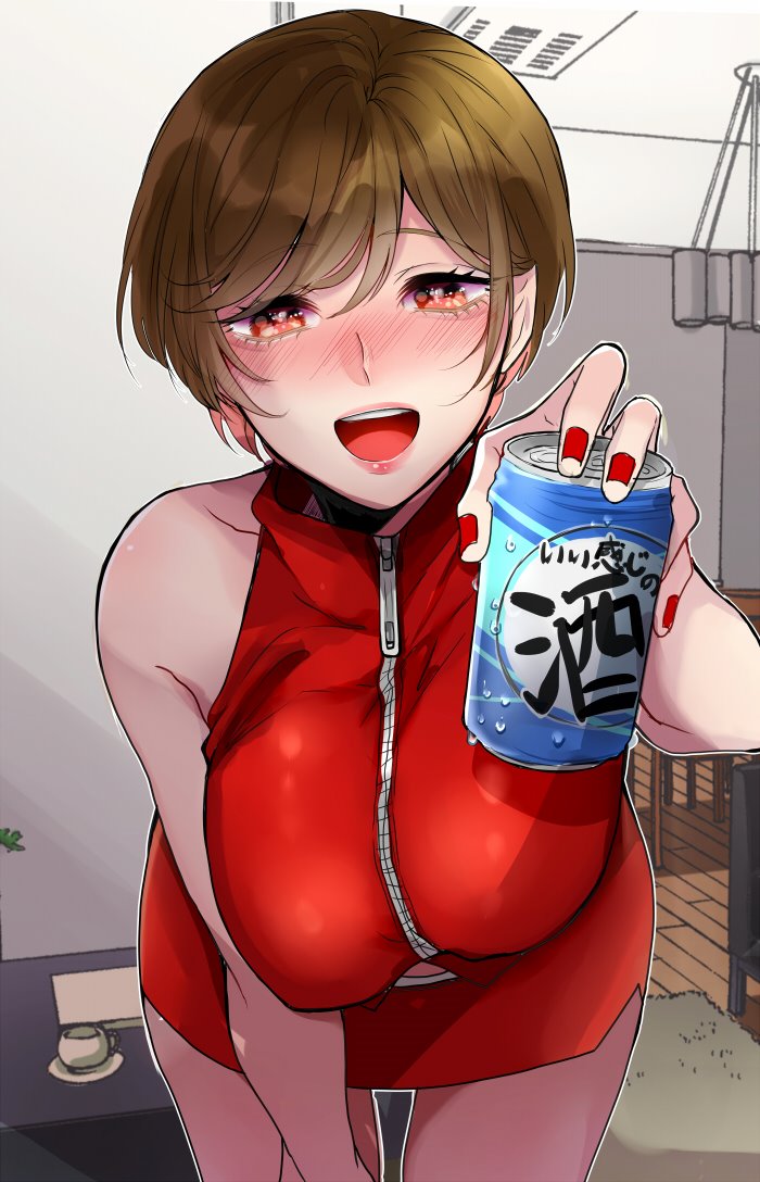1girl :d alcohol bangs beer beer_can breasts brown_hair can commentary_request crop_top cup earrings eyebrows_visible_through_hair holding holding_can indoors itoko_(i_t_k) jewelry large_breasts leaning_forward meiko miniskirt nail_polish open_mouth red_nails rug short_hair skirt smile soda_can table vocaloid wooden_floor