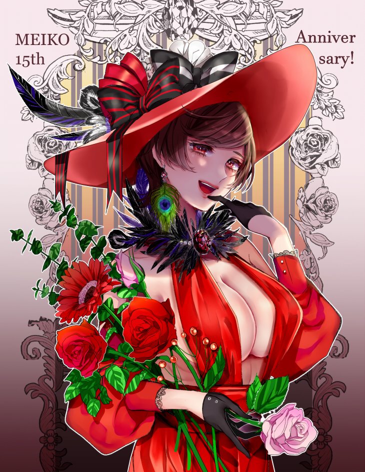 1girl :d alternate_costume anniversary bangs black_gloves bow breasts brown_hair character_name cleavage commentary dress feather_collar finger_to_mouth flower gloves hand_up hat hat_bow hat_feather holding holding_flower itoko_(i_t_k) large_breasts meiko open_mouth peacock_feathers pink_flower pink_rose pinky_to_mouth red_dress red_eyes red_flower red_headwear red_lips red_rose rose short_hair smile solo upper_body vocaloid