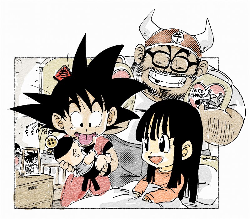 1girl 3boys :p ^_^ baby bangs beard bed bed_sheet black-framed_eyewear black_eyes black_hair blunt_bangs carrying chi-chi_(dragon_ball) closed_eyes commentary_request couple dot_nose dougi dragon_ball dragon_ball_(classic) dragon_ball_(object) eyelashes facial_hair father_and_daughter father_and_son fenyon frame glasses grandfather_and_grandson gyuu_mao happy hat height_difference hetero hime_cut indoors long_hair long_sleeves looking_at_another looking_down mother_and_son multiple_boys mustache nightstand on_bed open_mouth orange_shirt photo_(object) pillow shirt sidelocks sitting smile son_gohan son_gokuu spiked_hair standing straight_hair tongue tongue_out twitter_username under_covers wristband
