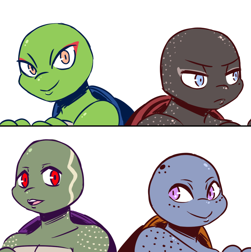 2019 ambiguous_gender anthro blue_eyes donatello_(tmnt) duo freckles frown inkyfrog leonardo_(tmnt) looking_at_viewer michelangelo_(tmnt) mole_(marking) orange_eyes purple_eyes raphael_(tmnt) red_eyes reptile scalie shell simple_background smile teenage_mutant_ninja_turtles turtle white_background