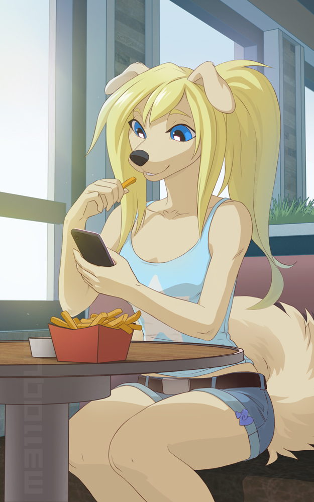 2019 5_fingers anthro biped black_nose blonde_hair blue_eyes breasts canid canine canis clothed clothing digital_media_(artwork) domestic_dog female fingers fur hair mammal melloque sitting smile solo tan_body tan_fur