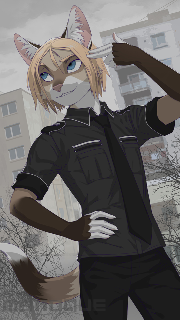 2019 5_fingers anthro black_clothing black_shirt black_topwear blonde_hair blue_eyes bottomwear brown_body brown_fur building clothed clothing day dead_tree detailed_background digital_media_(artwork) domestic_cat eye_roll eyebrows felid feline felis finger_gun fingers fully_clothed fur gesture hair male mammal martzel melloque necktie outside pants pink_nose raised_inner_eyebrows shirt sky slim smile smirk solo tan_body tan_fur topwear uniform whiskers white_body white_fur