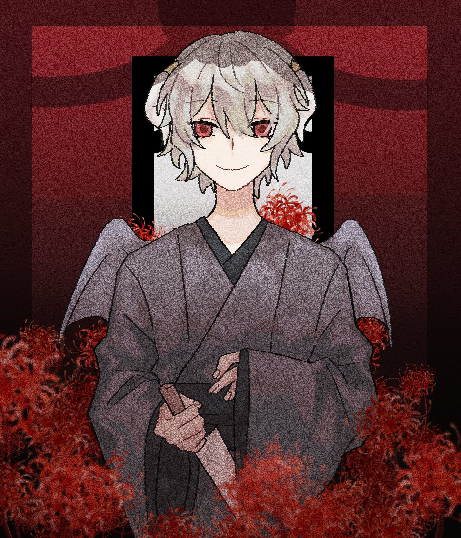 1boy blue_wings bow end_roll eyebrows_visible_through_hair frame grey_hair hair_ornament holding holding_knife holding_weapon horns japanese_clothes kantera_(end_roll) kimono knife nazo_smile plant red_eyes short_hair silver_hair smile solo weapon wings