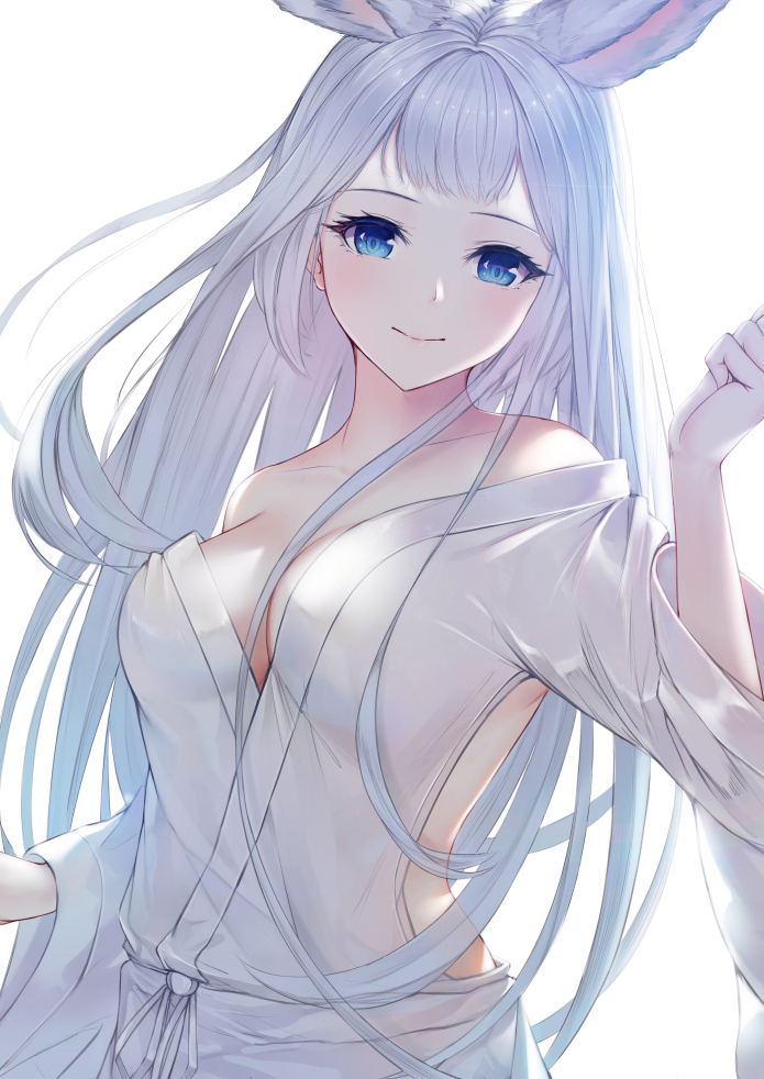 1girl animal_ears bangs blue_eyes blunt_bangs breasts bunny_ears granblue_fantasy large_breasts long_hair looking_at_viewer mari_(doraerin0) sidelocks silver_hair simple_background smile socie_(granblue_fantasy) solo upper_body white_background