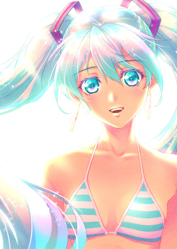 1girl :d backlighting blue_eyes blue_hair breasts cleavage collarbone floating_hair hair_between_eyes hatsune_miku long_hair looking_at_viewer open_mouth small_breasts smile solo striped_bikini_top tan twi'lek upper_body very_long_hair vocaloid white_background you_haruka