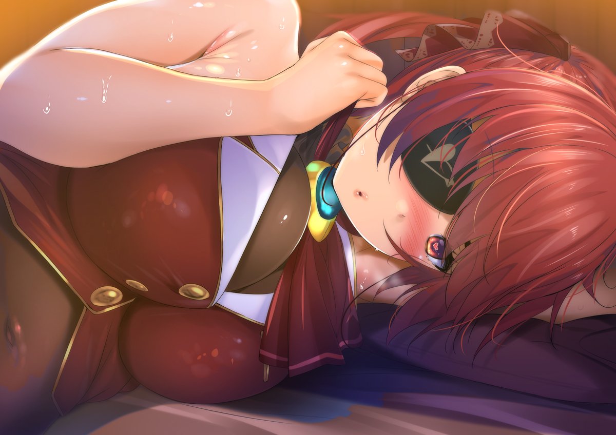1girl :o arm_up bangs bare_shoulders blurry blush breasts breath covered_navel eyepatch fumihiko_(pixiv2658856) hand_on_own_chest heart heart-shaped_pupils hololive houshou_marine indoors jewelry large_breasts leotard lips lying medium_hair nose_blush on_bed on_side pillow red_eyes red_hair sleeveless solo_focus sweat symbol-shaped_pupils upper_body virtual_youtuber