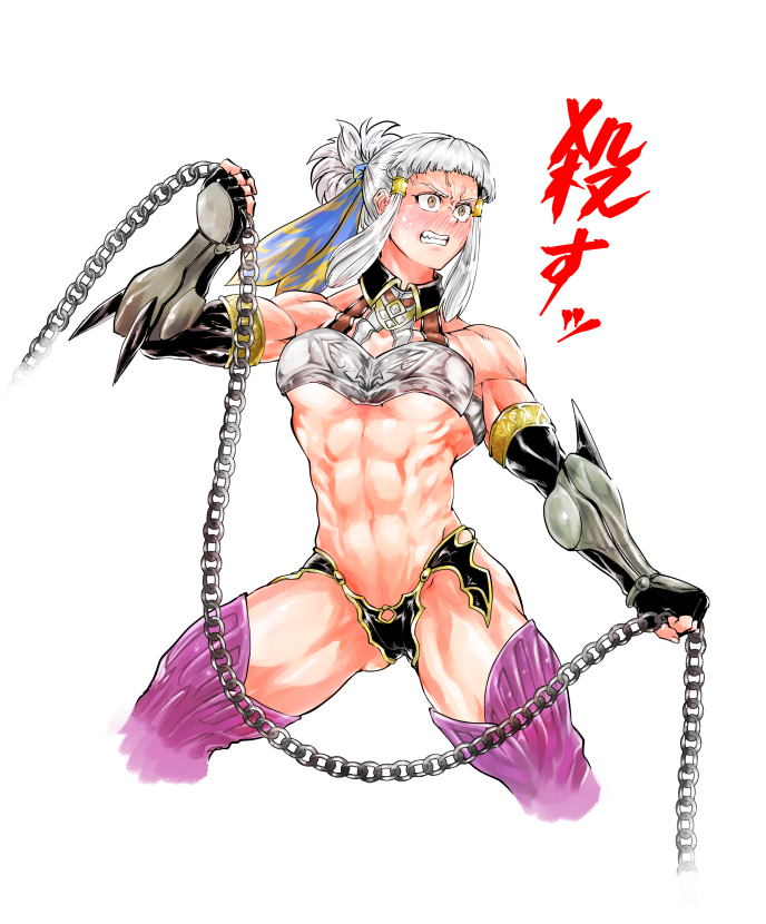 1girl abs angry bandeau bangs biceps blunt_bangs blush breasts chain clenched_teeth fate/grand_order fate_(series) hammer_(gekidan_sharing_sky) holding holding_weapon midriff muscle muscular_female navel penthesilea_(fate/grand_order) ponytail sidelocks silver_hair stomach tagme teeth toned weapon yellow_eyes