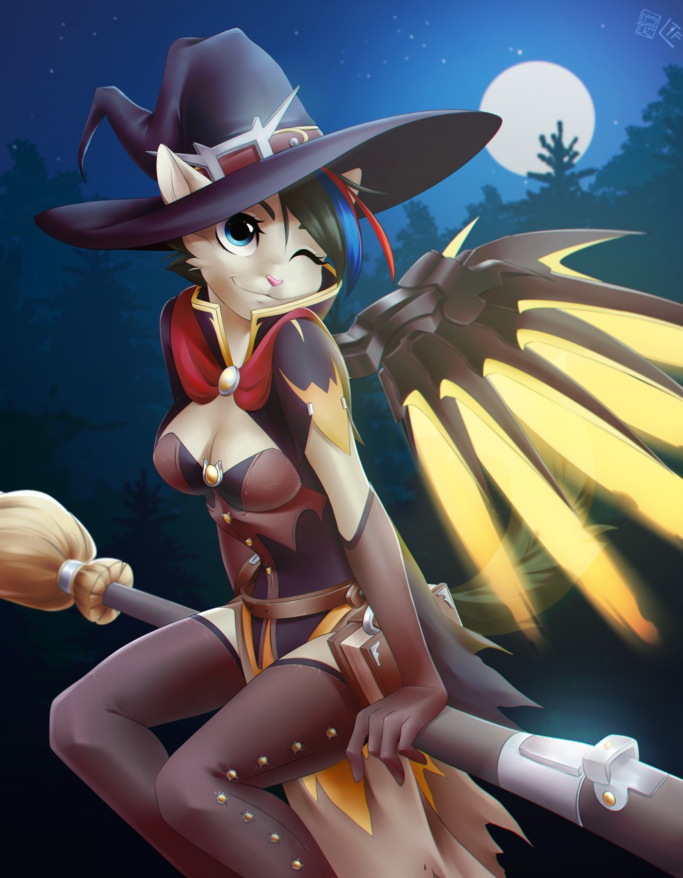 2018 anthro blizzard_entertainment blue_eyes breasts broom chikachi clothing dannyckoo domestic_cat felid feline felis female hat headgear headwear hi_res looking_at_viewer magic_user mammal mercy_(overwatch) moon night one_eye_closed outside overwatch sitting smile solo star tree tresertf video_games witch witch_hat