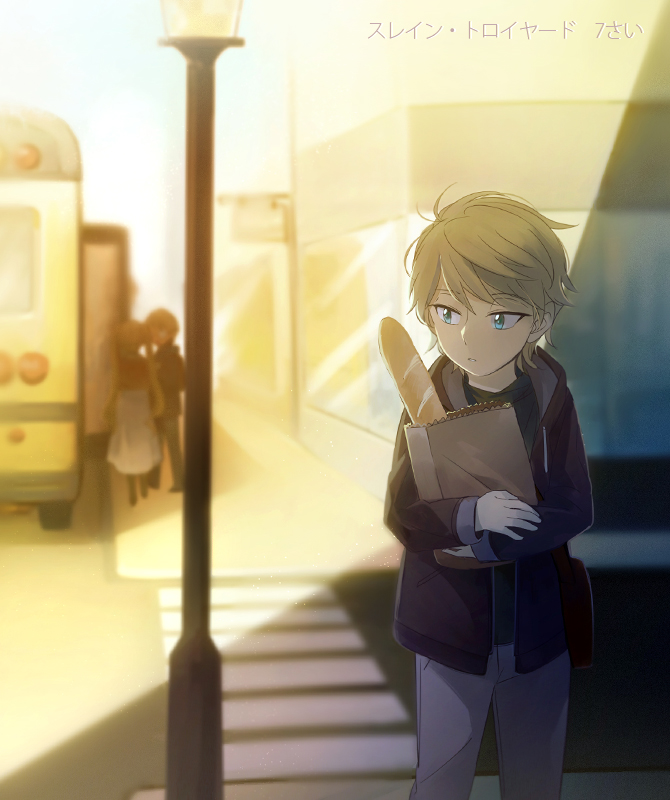 1boy aki_(neyuki41028) aldnoah.zero bag blue_eyes child hood road shopping_bag short_hair silver_hair slaine_troyard street younger