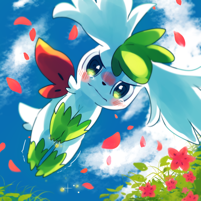 ambiguous_gender bodily_fluids bush_(disambiguation) cloud dripping embarrassed flower fluffy fluffy_tail flying fur genital_fluids green_body green_eyes green_fur green_paws leg_markings legendary_pok&eacute;mon looking_at_viewer looking_down low-angle_view markings motion_lines nintendo omorashi plant pok&eacute;mon pok&eacute;mon_(species) shaking shaymin shaymin_(sky_form) short_tail sky socks_(marking) solo trembling urine video_games white_body white_fur worm's-eye_view さたん