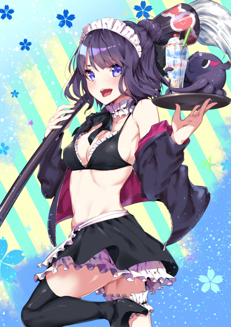 1girl :d apron artoria_pendragon_(all) artoria_pendragon_(swimsuit_rider_alter) artoria_pendragon_(swimsuit_rider_alter)_(cosplay) asymmetrical_legwear bangs black_bra black_footwear black_hair black_jacket black_legwear black_ribbon black_skirt blue_background blue_eyes bra breasts choker cleavage cosplay drinking_straw fate/grand_order fate_(series) frilled_bra frills from_side high_heels holding holding_brush holding_plate jacket katsushika_hokusai_(fate/grand_order) layered_skirt leg_up long_sleeves looking_at_viewer maid_headdress medium_breasts midriff miniskirt neck_ribbon off_shoulder open_clothes open_jacket open_mouth plate pumps ribbon sahara386 shiny shiny_hair short_hair sideboob single_thighhigh skirt smile solo standing standing_on_one_leg stomach striped striped_background thigh_strap thighhighs tokitarou_(fate/grand_order) twisted_torso underwear waist_apron white_apron