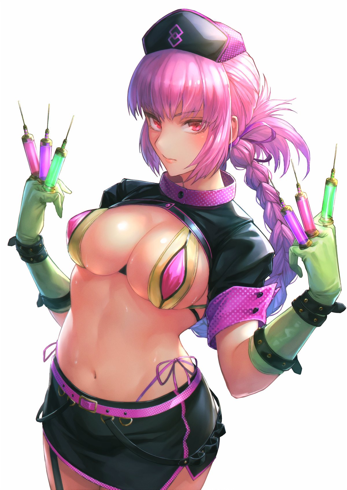1girl bangs belt between_fingers bikini black_headwear black_skirt blush braid breasts cleavage closed_mouth commentary_request elbow_gloves fate/grand_order fate_(series) florence_nightingale_(fate/grand_order) folded_ponytail garrison_cap gloves green_bikini green_gloves hair_ribbon hat highres large_breasts layered_bikini long_hair looking_at_viewer microskirt navel otsukemono pink_belt pink_ribbon purple_bikini revealing_clothes ribbon short_sleeves shrug_(clothing) skirt solo stomach swimsuit syringe trick_or_treatment white_background