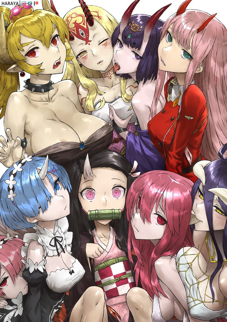 6+girls ahoge albedo bamboo bangs bare_shoulders bit_gag biting black_collar blonde_hair blue_eyes blue_hair blush bowsette bracelet breasts cleavage collar collarbone commentary crown darling_in_the_franxx detached_sleeves dress ear_biting earrings elfen_lied eyebrows_visible_through_hair fangs fate/grand_order fate_(series) frills gag hair_between_eyes hair_ornament hair_over_one_eye half-closed_eye haraya_manawari horn horns ibaraki_douji_(fate/grand_order) japanese_clothes jewelry kimono large_breasts licking long_hair looking_at_viewer maid maid_headdress medium_breasts multiple_girls one_eye_closed oni open_mouth overlord_(maruyama) parted_lips pink_eyes pink_hair pointy_ears ponytail purple_hair ram_(re:zero) re:zero_kara_hajimeru_isekai_seikatsu red_eyes rem_(re:zero) ribbon sharp_teeth short_hair sideboob spiked_bracelet spiked_collar spikes super_crown tattoo teeth tongue tongue_out wide_sleeves x_hair_ornament yellow_eyes zero_two_(darling_in_the_franxx)