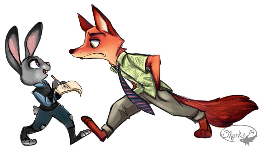 ambiguous_gender anthro barefoot bottomwear buckteeth canid canine clothed clothing dipstick_ears disney duo fox fully_clothed fur grey_body grey_fur holding_object judy_hopps looking_at_another mammal multicolored_ears necktie nick_wilde open_mouth open_smile orange_body orange_fur pants police_uniform purple_eyes red_fox sharkie19 shirt simple_background smile teeth toeless_legwear topwear uniform white_background zootopia