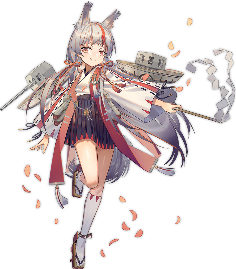 1girl anchor animal_ears arm_at_side azur_lane bangs bell black_hakama black_skirt bright_pupils closed_mouth eyebrows flat_chest fox_ears fox_tail full_body gohei grey_hair hakama hakama_skirt haori high-waist_skirt holding japanese_clothes jingle_bell kamikaze_(azur_lane) kneehighs leg_up long_hair long_sleeves looking_away looking_to_the_side machinery multicolored_hair nontraditional_miko norizc official_art orange_eyes petals red_hair ribbon rope shimenawa skirt smile solo streaked_hair tabi tachi-e tail tongue tongue_out torpedo transparent_background turret two-tone_hair very_long_hair white_legwear white_pupils wide_sleeves