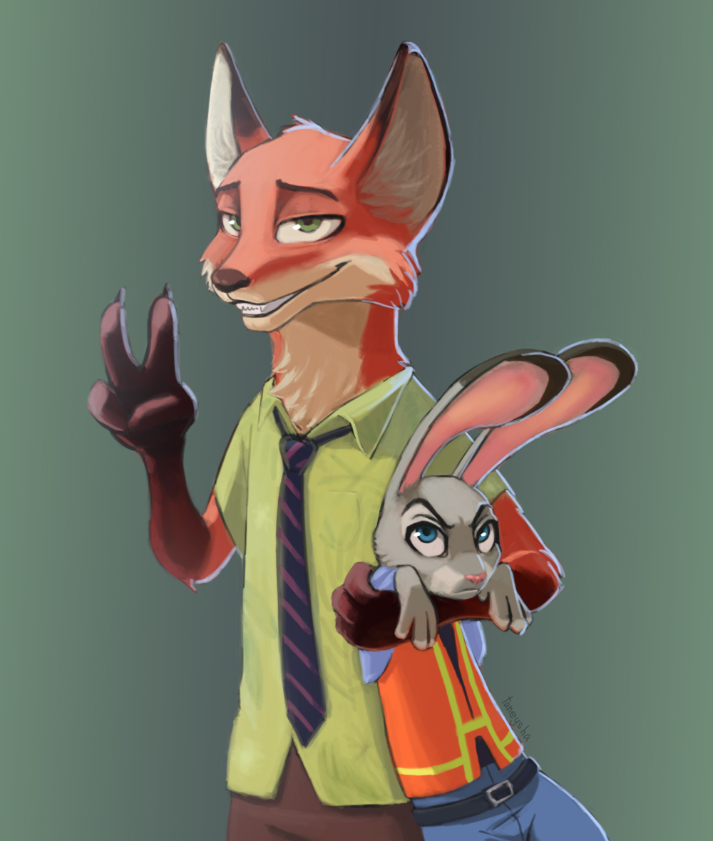 ambiguous_gender anthro black_nose blue_eyes bottomwear canid canine cheek_tuft claws clothed clothing dipstick_ears disney duo face_tuft fox fully_clothed fur gesture gloves_(marking) green_background green_eyes grey_body grey_fur grin inner_ear_fluff judy_hopps lagomorph leporid light lighting mammal markings multicolored_ears neck_tuft necktie nick_wilde orange_body orange_fur pants pink_nose police_uniform rabbit red_fox shirt simple_background smile tan_body tan_fur taneysha teeth topwear tuft uniform v_sign zootopia