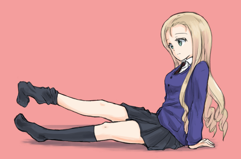 1girl arm_support bc_freedom_school_uniform black_legwear black_skirt blonde_hair blue_neckwear blue_sweater cardigan closed_mouth commentary diagonal_stripes dress_shirt drill_hair from_side full_body girls_und_panzer green_eyes kneehighs kneehighs_pull leg_up light_frown long_hair long_sleeves marie_(girls_und_panzer) miniskirt mutsu_(layergreen) necktie pink_background pleated_skirt red_neckwear school_uniform shirt simple_background sitting skirt solo striped striped_neckwear sweater white_shirt wing_collar