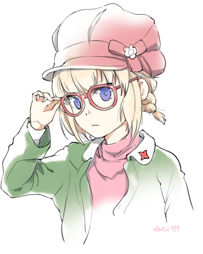 1girl adjusting_eyewear alternate_hairstyle bangs blonde_hair blue_eyes bow bowtie braid cabbie_hat casual closed_mouth commentary_request cropped_torso ei_(akinosakae) girls_und_panzer glasses green_jacket hair_tie hat jacket katyusha light_frown long_sleeves looking_at_viewer open_clothes open_jacket red-framed_eyewear red_headwear red_shirt shirt short_hair simple_background solo turtleneck twitter_username upper_body white_background